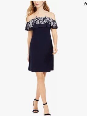 MSK Blue W/White Embroidery Cocktail Dress- Size XL- Like New